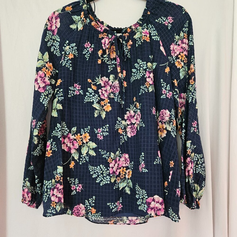 Lauren Conrad Floral‎ Blouse Size Med Flowy Popover Navy